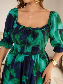 Roveilla 大码女式新款优雅蓝绿色碎花方领泡泡袖收腰A字中长连衣裙 - 綠色 - 查看 4