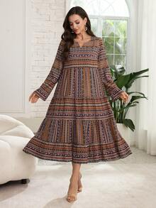 Lacomfia Casual Print Round Neck Cutout Long Sleeve Layered Loose Regular Midi Dress For Women, Spring/Autumn - Multicolor - View 3