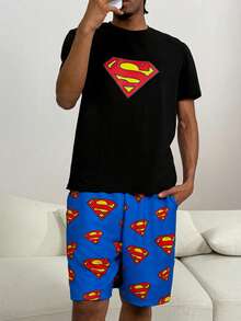 SUPERMAN X SHEIN Men Badge Graphic Short Sleeve Top And Shorts Loungewear Set