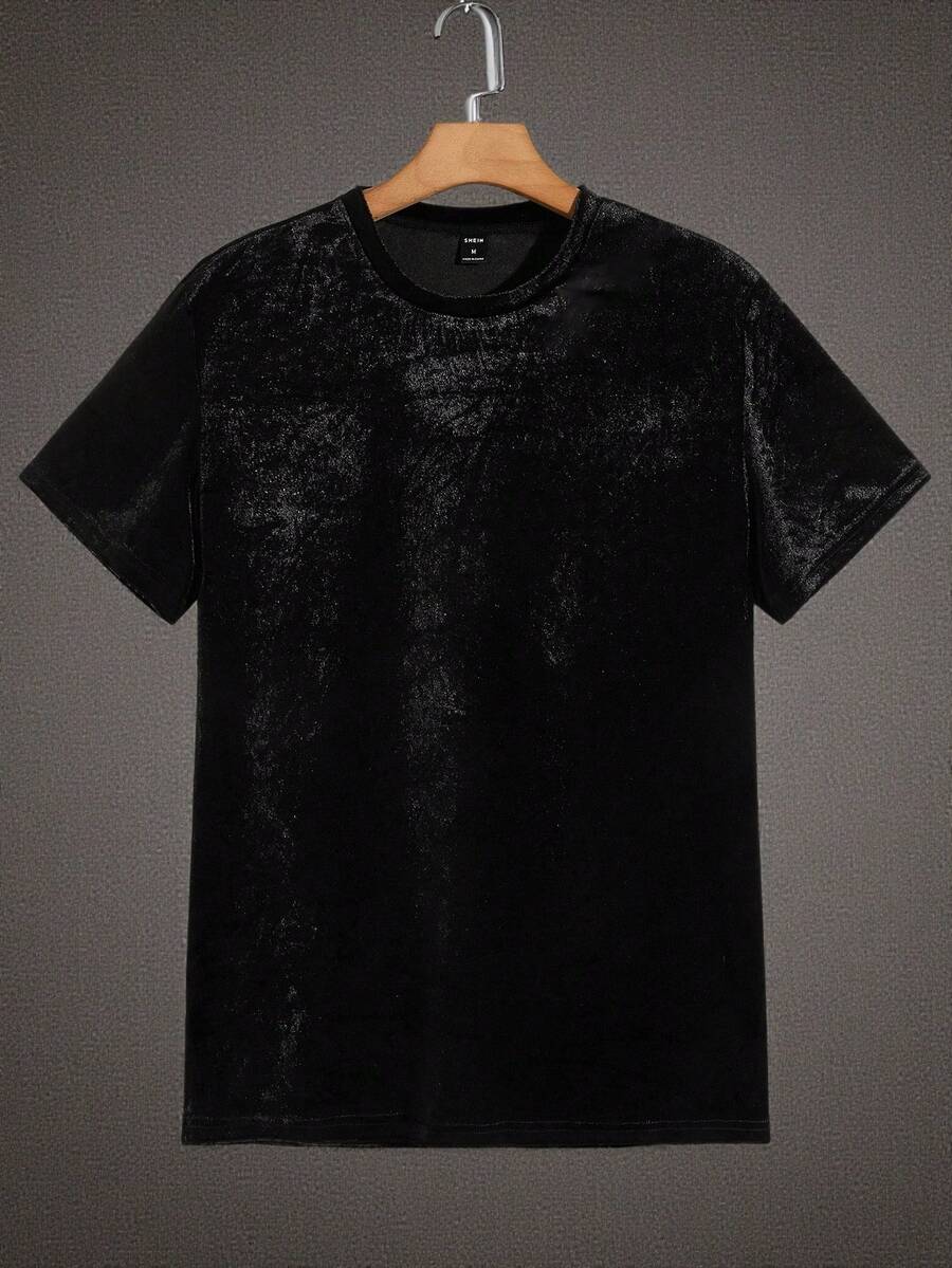GENTILAND Men Round Neck Velvet Tee, Summer, Fall/Winter - Black - View 1