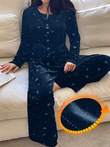 DAZY 2件套女士星形印花丝绒长袖开衫和长裤睡衣套装，秋冬款 - 綠色 - 查看 4