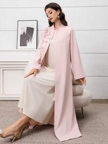 Yasmyna Elegante bata abaya francesa árabe de lujo decorada con bordados de jacquard, rosa - Rosa - Ver 5