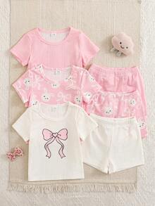 SHEIN 6件套女婴新生儿0-3岁春夏新款可爱兔子纯色条纹T恤短裤套装 - 彩色 - 查看 8