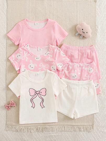 SHEIN 6 st/set flickor nyfödda 0-3 år vår/sommar ny söt kanin enfärgad & randig t-shirt och shorts outfit set