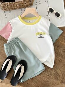 SHEIN Young Boy White Summer Back-To-School Sports Casual Short Sleeve T-Shirt And Shorts Set,Toddler Boy Clothes For Commuting,School,Daily Wear,Travel - Multicolor - View 3