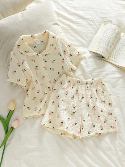 Young Girl' Tulip Ditsy Floral Short Sleeve Collar Pajama Set, Summer Home Outfit Cute Sleepwear Girl Summer Pajama Tulip Pattern