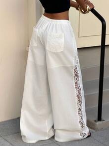 Muchica 白色编织蕾丝拼接阔腿裤