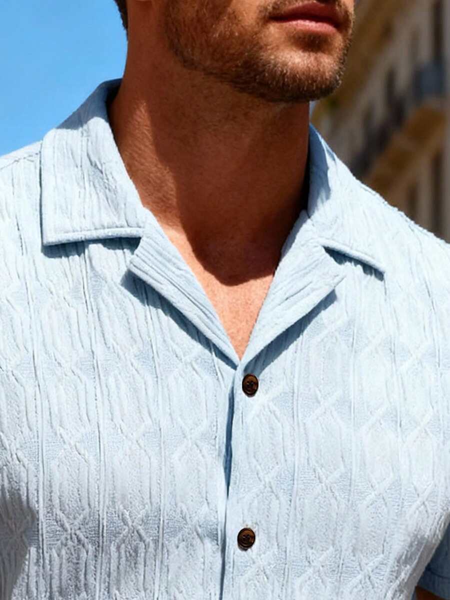 HIMLAND Men's Textured Short Sleeve Shirt, Spring/Summer - Blue - View 1