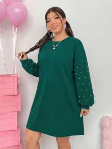 SHEIN EZwear 女士加大码落肩宽松黑色连衣裙 - 墨綠色 - 查看 6