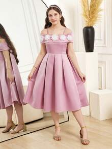 Vestido elegante con hombros descubiertos y decoración floral 3D para adolescentes