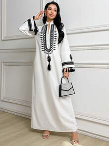 Yasmyna 女士V领拼接流苏袖口宽松阿拉伯风格连衣裙 - 黑與白 - 查看 3