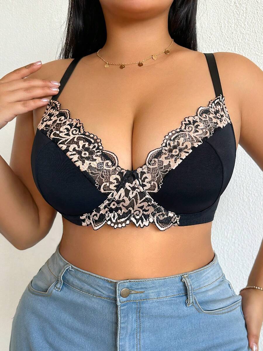 DesireSculpt 大码蕾丝拼接钢圈文胸，性感舒适时尚全罩杯文胸，宽肩带设计，适合约会和派对穿着 - 杏色 - 查看 1