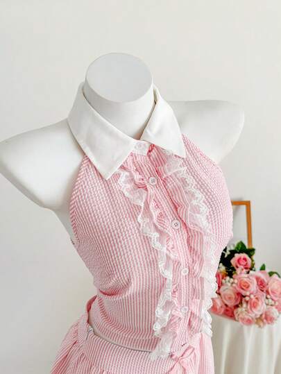 Comfortcana 女士条纹印花蕾丝拼接前扣无袖衬衫