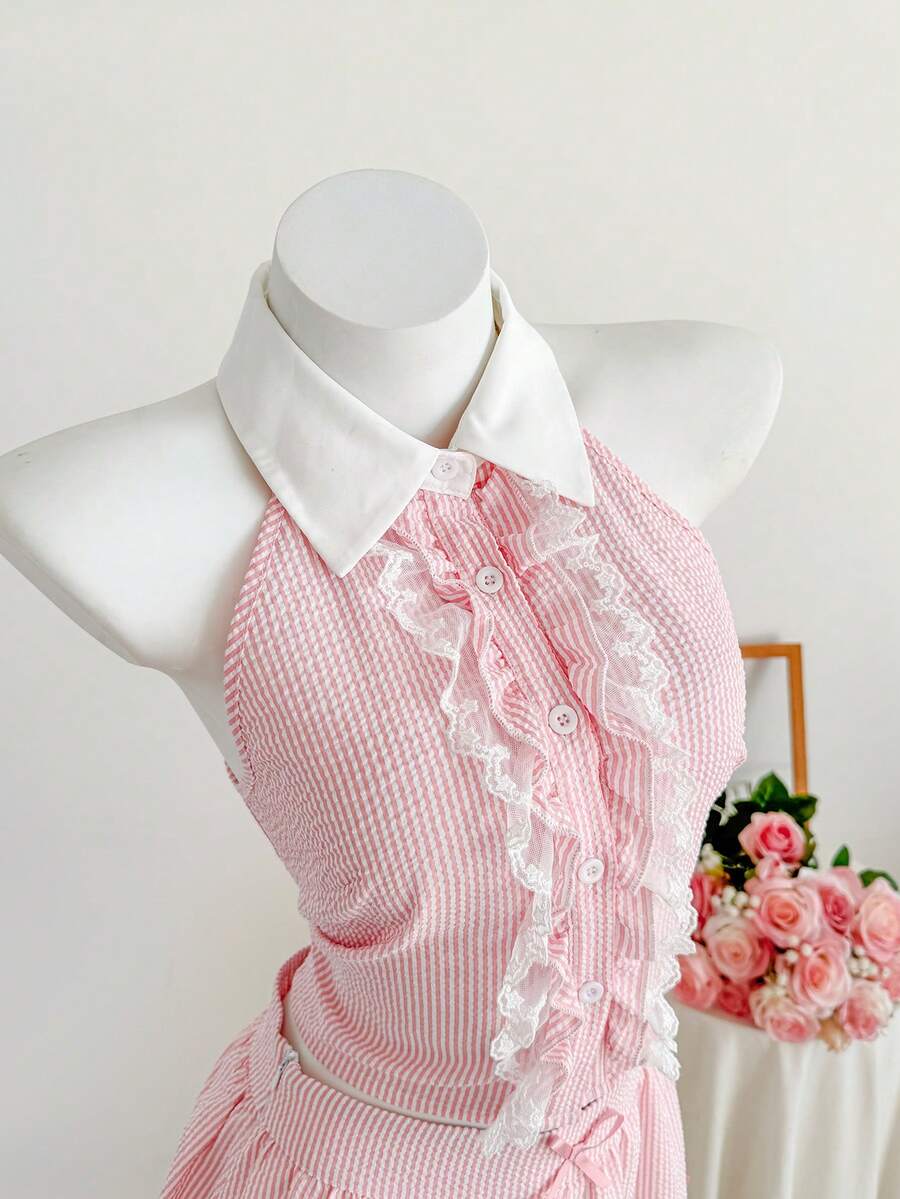 Comfortcana 女士条纹印花蕾丝拼接前扣无袖衬衫 - 粉色 - 查看 1