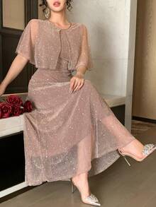 DAZY Women's Elegant Long Dress With Rhinestone Embellished Dolman Sleeves Sparkly Dress - Champagne - View 2