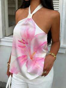 SHEIN EZwear Áo nữ kiểu dáng thường ngày, in họa tiết hoa ly hồng, cổ yếm, hở lưng, thích hợp cho mùa hè, đi biển, lễ hội âm nhạc, đồ bơi thoải mái hoặc trang trí đi biển. - Nhiều màu - Xem 3
