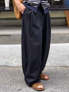 DAZY Navy Blue Striped Men's Suit Pants, Spring/Summer - Navy Blue - View 1