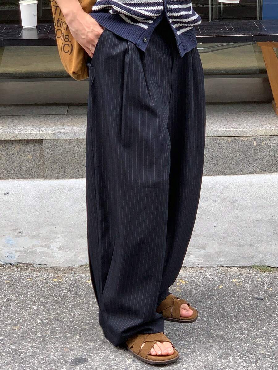 DAZY Navy Blue Striped Men's Suit Pants, Spring/Summer - Navy Blue - View 1