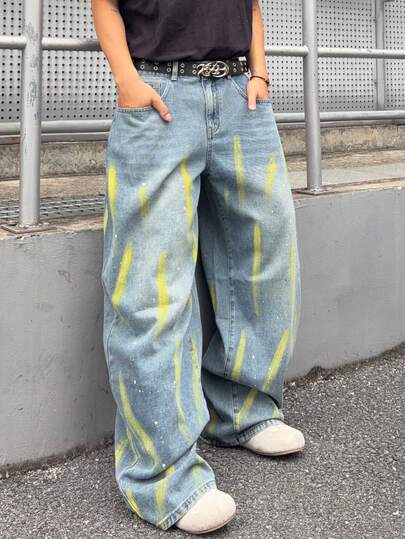 ROMWE MEN 男士做旧泼墨宽松牛仔裤