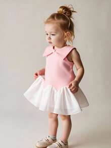 SHEIN Baby Girls' Cute Butterfly Collar Matching White Chiffon Hem Pink Dress, Suitable For Everyday Cute & Elegant Outfit - Multicolor - View 9