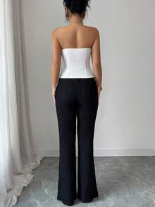 Elenzga American Sexy Minimalist Asymmetrical Contrast Color Spaghetti Strap Crop Top + Elastic Waist Slim Fit Flare Pants 2 Pieces Set, Fashion Casual Versatile Design - Black and White - View 5