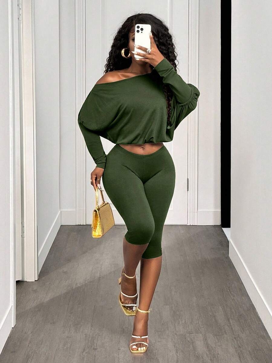 BamGleam Sexy Asymmetric-Shoulder Cinched Waist Long Sleeve Crop Top And Pants Set - Olive Green - View 1