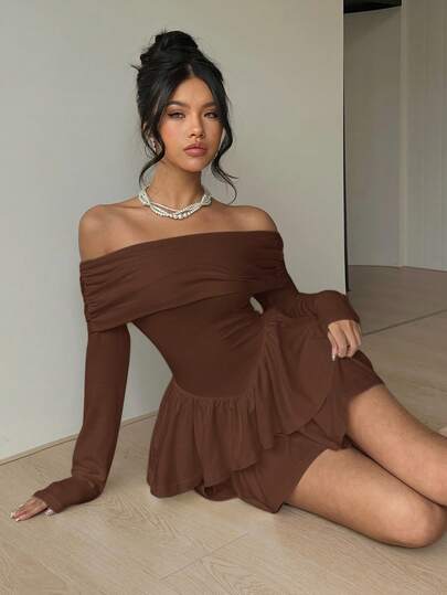 Aloruh 1pc Women's Off-Shoulder Solid Color Ruched Fitted Jumpsuit