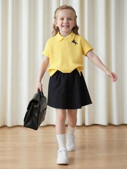 2pcs/Set Girls Casual Polo Collar Short Sleeve Printed T-Shirt And Ruffle Hem Pleated Skort, Fashionable Matching Set