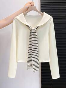 GlowEve Women's Navy Collar Long Sleeve Casual Versatile T-Shirt - Yellow - View 4