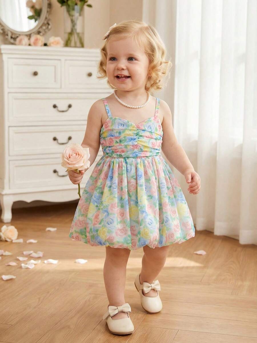 SHEIN 1pc/Baby Girl'shalter-Neck, Gathered, All-Over Digital Print Colorful Rose Dress Is Comfortable, Sweet, And Adorable, Perfect For A Vacation - Multicolor - View 1
