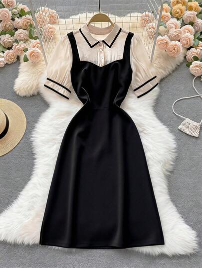 GlowEve CURVE 大码时尚通勤衬衫领修身开衩下摆黑色中长连衣裙