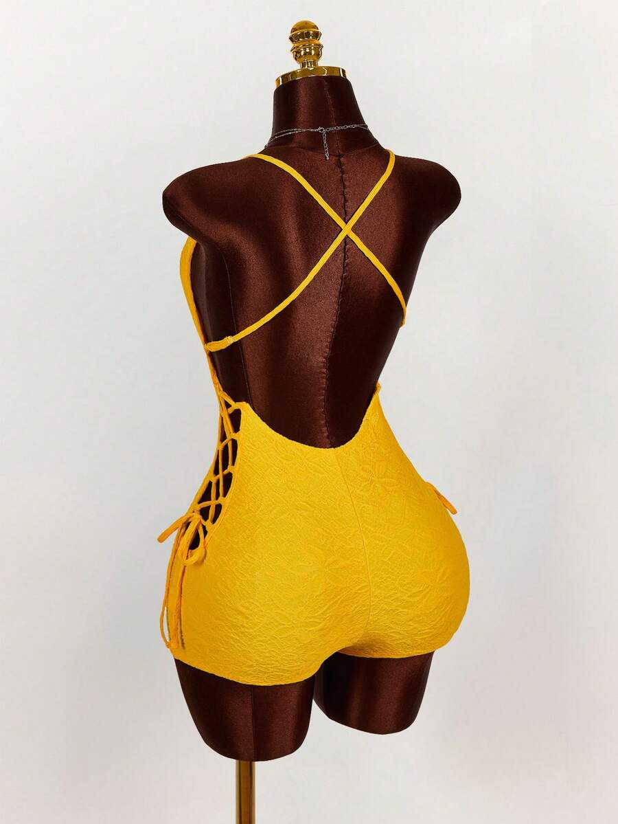 Amplova Mono de mujer de un solo color con cordones y tirantes de espagueti con espalda descubierta - Amarillo - Ver 1