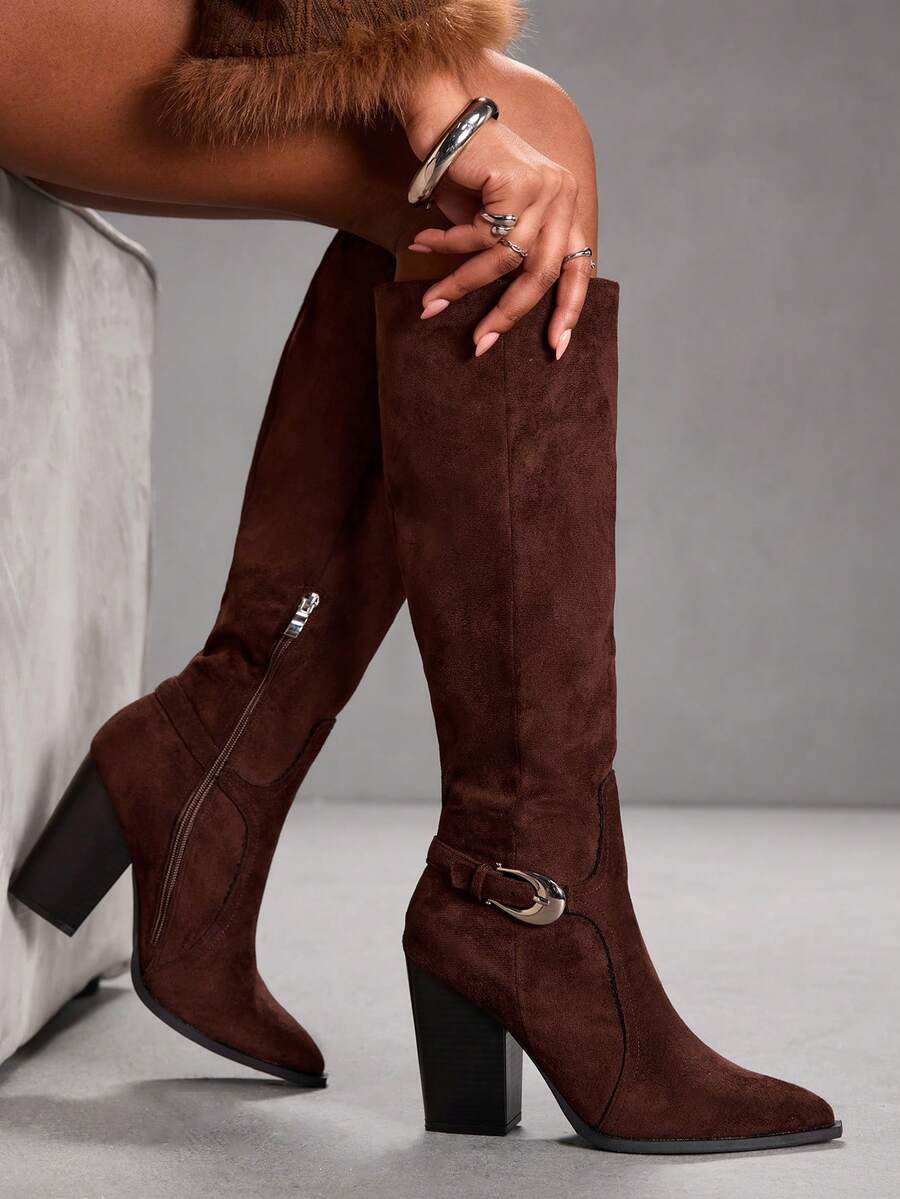 CUCCOO SZL 女士时尚尖头粗跟过膝长靴 - 咖啡棕 - 查看 1