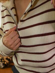 Gretanique Casual Striped Long Sleeve Half-Zip Pullover Fall - Burgundy - View 3