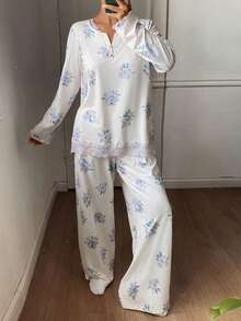 DAZY Conjunto de pijama de mujer con estampado floral y aplicación de encaje - Beis - Ver 3