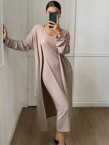 DAZY Women's Soft Knit Robe & Slip Dress Loungewear Set, Minimalist - Khaki - View 3