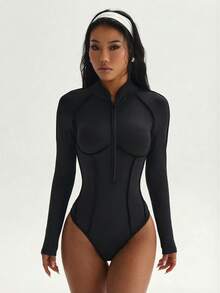 Dewbera 女士纯色拉链半开襟插肩袖连体裤 - 黑色 - 查看 6