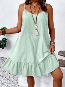 SHEIN Clasi Plus Size Women Solid Color Ruffle Hem Casual Cami Dress - Green - View 4