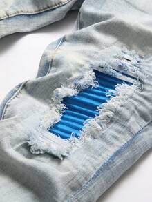 Manfinity Roughcore 男士休闲时尚街头破洞拼接条纹做旧水洗牛仔裤 - 淺色水洗藍 - 查看 4