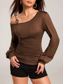 Rina Fox Áo thun nữ dáng ôm, phong cách bohemian thường ngày, đính cườm, cổ lệch, tay phồng, xếp ly, thích hợp cho mùa xuân/thu. - Cà phê nâu - Xem 4