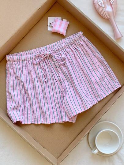 SHEIN EZwear Summer Short Pink Striped Woven Wide Leg Women Shorts