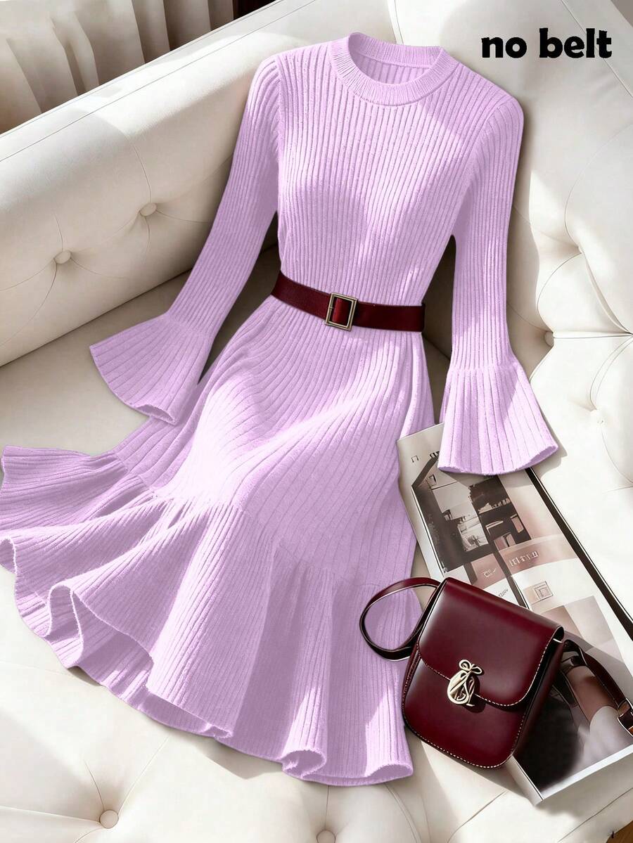 SHEIN LUNE 新款秋冬性感修身圆领喇叭袖优雅休闲针织毛衣连衣裙(女款) - 紫丁香色 - 查看 1
