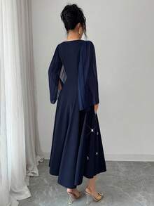 Modelyn Women's Square Neck Pleated Long Sleeve Cinched Waist A-Line Beaded Elegant Party Mid-Length Dress - Blue - View 2