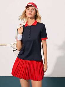 CourtClass Women's Contrast Trim Half-Zip Short Sleeve Tennis Top - Navy Blue - View 4