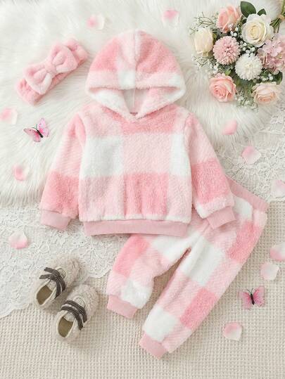 SHEIN 2pcs Baby Girl Cute Sweet Fashion Casual Pink White Plaid Checkered Pattern Faux Fur Fluffy Fuzzy Plush Sherpa Texture Long Sleeve Hooded Sweatshirt Pullover Tops And Elastic Waist Sweatpants Joggers Pants Two Pieces Outfit Sets Thick Soft Clothes For Daily Wear Home Sleepwear Fall Autumn Winter
