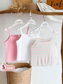 Vintaside Kids 3pcs/Set Older Tween Girl' Summer New Solid Color Slim Fit Ribbed Camisole - Multicolor - View 1