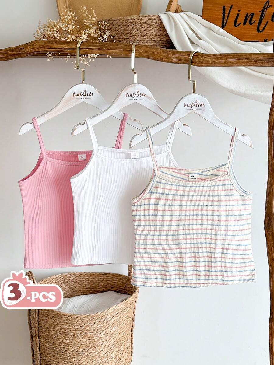 Vintaside Kids 3pcs/Set Older Tween Girl' Summer New Solid Color Slim Fit Ribbed Camisole - Multicolor - View 1