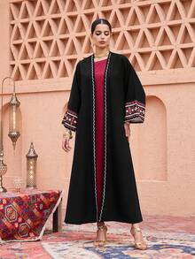 Al Najma Black Flared Robe With Sleeve Print Patchwork And Headscarf Arabic Dress - Black - View 9