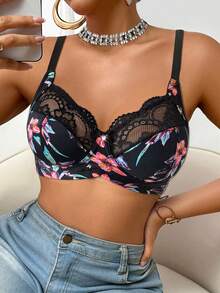 DesireSculpt 1pc Women's Lace Patchwork Wireless Bra - Multicolor - View 6