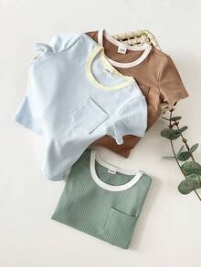 SHEIN 3pcs/Set Baby Boys' Casual Colorblock Pocket Short Sleeve Top, Versatile For Outings, Home, Daily Wear, Spring/Summer - Multicolor - View 8
